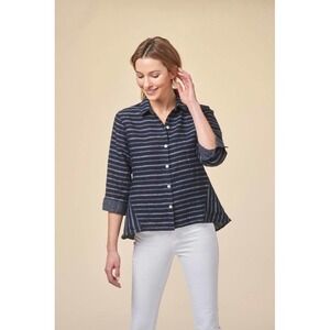Habitat 100% Linen Navy Blue Striped Button Down Shirt 3/4 Sleeve Women M